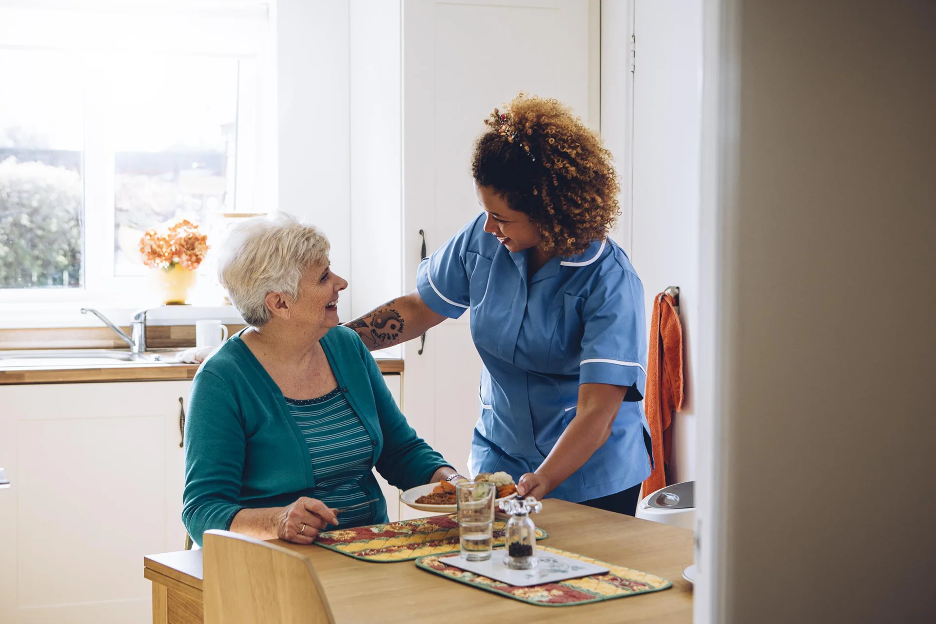 Nurse serving food to elderly woman